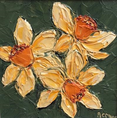 Trio of Daffs by Alison Cowan, Painting, Acrylic on canvas