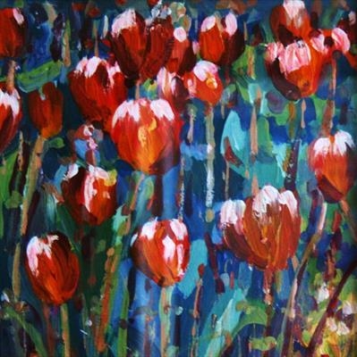 Tulips Blowing in the wind by Alison Cowan, Painting, Acrylic on canvas