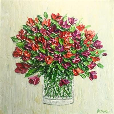 Tulips in Glass Vase by Alison Cowan, Painting, Acrylic on canvas