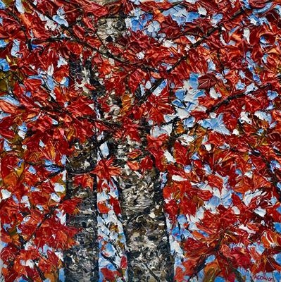 Twin Birch with Maple by Alison Cowan, Painting, Acrylic on canvas