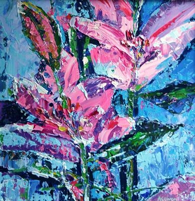 Two Pink Lilies by Alison Cowan, Painting, Acrylic on canvas