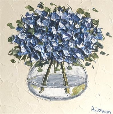 Wee Blue Hydrangeas by Alison Cowan, Painting, Acrylic on canvas