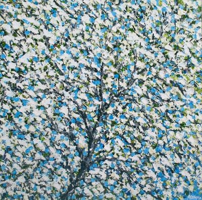 White Blossom on Blue by Alison Cowan, Painting, Acrylic on canvas