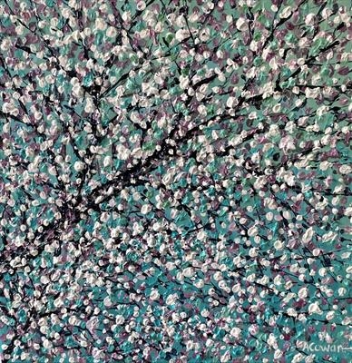 White Blossom on Teal by Alison Cowan, Painting, Acrylic on canvas