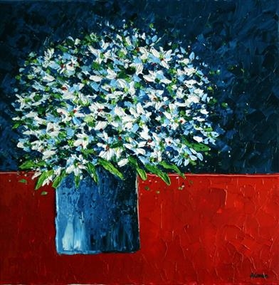 White Daisies on Red Cloth by Alison Cowan, Painting, Acrylic on canvas