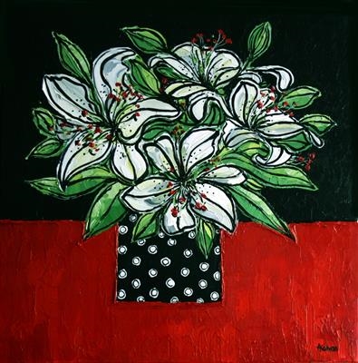 White Lilies in Spotted Vase by Alison Cowan, Painting, Acrylic on canvas