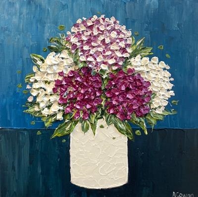 White Pot with Hydrangeas by Alison Cowan, Painting, Acrylic on canvas