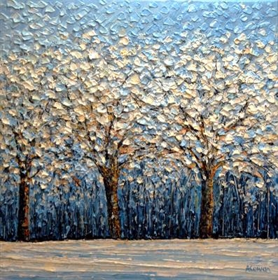 Winter Sun Through Snowy Trees by Alison Cowan, Painting, Acrylic and charcoal on canvas